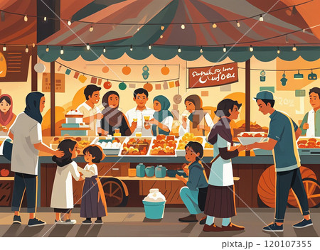An illustration of a bustling Ramadan street market with Muslim families and friends joyfully gathering to buy traditional takjil for iftar An illustration of a bustling Ramadan street market with Muslim families and friends joyfully gathering to buy traditional takjil for iftar 120107355