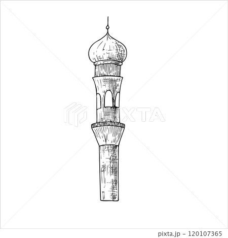 Vector Islamic minaret. Graphic illustration mosque, tower isolated on white background. Muslim hand drawn line sketch, holiday Ramadan Kareem or Eid Al Adha 2025. For designers, prints, postcards 120107365