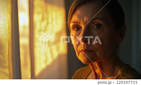 Senior Woman in Warm Light, Reflective Mood 120107715