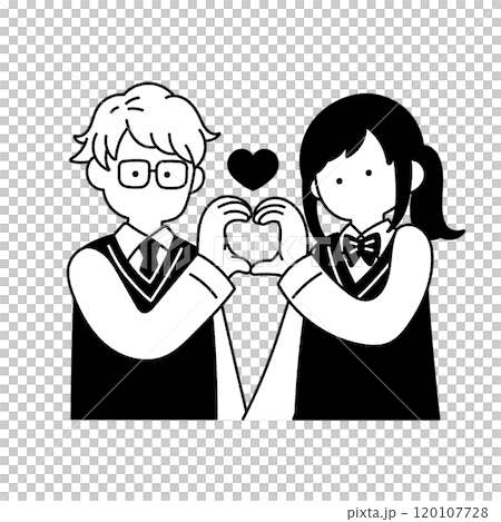 Monochrome illustration of a friendly pair [male and female] in school uniforms making a heart with their hands 120107728