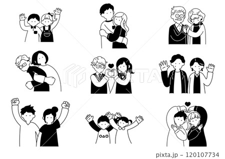 多世代の仲良しペア[男女]の単色イラスト(セット) 120107734