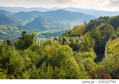carpathian mountain landscape in summer. beauttiful view. countryside scenery in afternoon light. forested slopes. village in the distant valley. outdoor adventure carpathian mountain landscape in summer. beauttiful view. countryside scenery in afternoon light. forested slopes. village in the distant valley. outdoor adventure 120107794