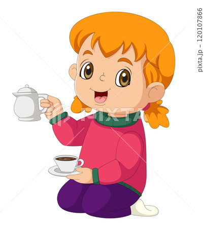 A young girl holds a teapot and a mug with a hot drink in her hands of illustration 120107866