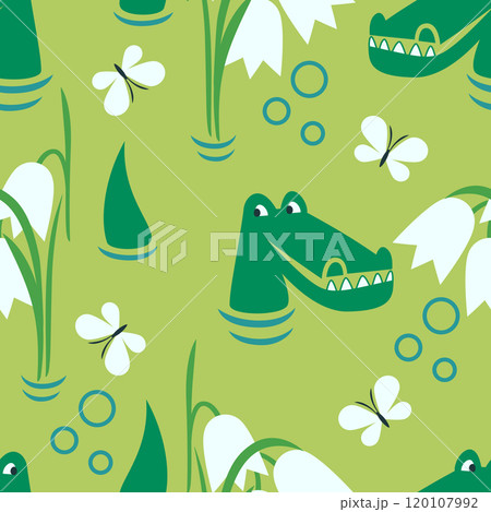 Vector seamless pattern with alligators swimming in the river 120107992