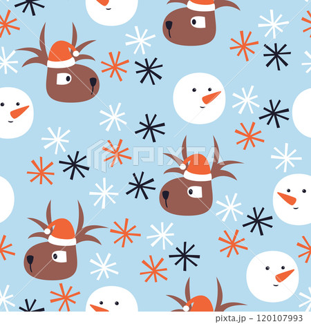 Vector seamless winter pattern with deer, snowmen and snowflakes 120107993