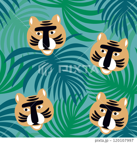Vector seamless pattern with tigers on jungle foliage background 120107997