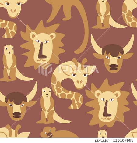 Vector seamless pattern with different African animals in the form of their capital letters Lion, Giraffe, Monkey, Yak and Xerus 120107999