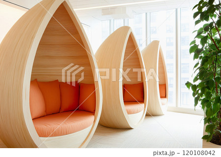 Unique meditation pods and comfortable relaxation spaces create serene employee wellness area. 120108042
