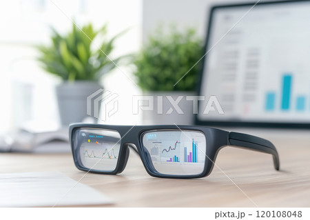 Wearable smart technology glasses for productivity tracking on desk in office. 120108048