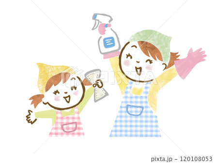 大掃除をしようと張り切る笑顔の母と娘の手描きイラスト 120108053