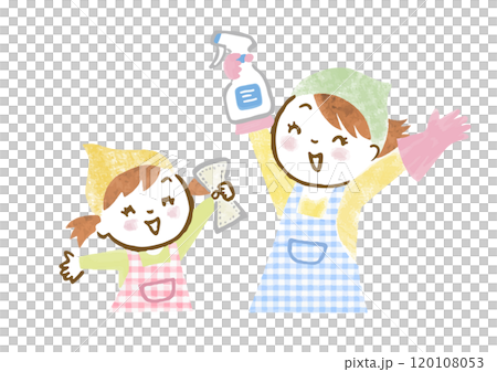 大掃除をしようと張り切る笑顔の母と娘の手描きイラスト 120108053