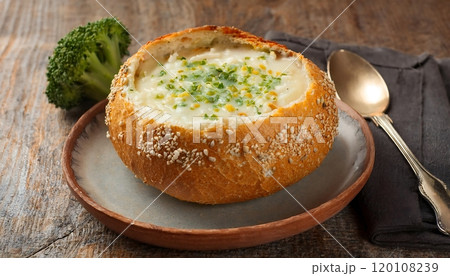 Breaded bread bowl filled with creamy broccoli cheesy soup, topped with chopped chives and sesame seeds. 120108239