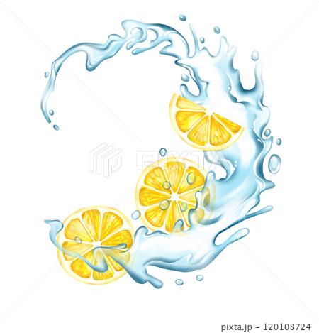 Lemons with water splash. Fruit illustration on white background 120108724