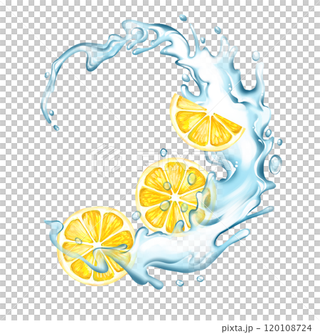 Lemons with water splash. Fruit illustration on white background 120108724