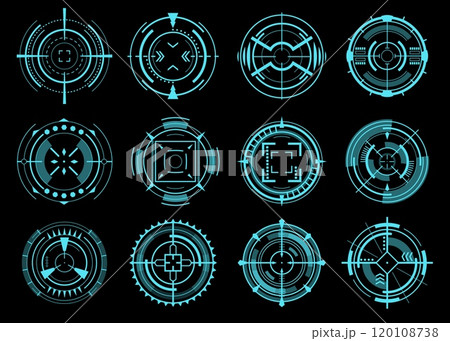 Blue futuristic optical aims. Glowing round objects of game interface. HUD icons. Military simulator. Sci-Fi UI. Camera viewfinder. Bullseye crosshair. Focus range indications vector set Blue futuristic optical aims. Glowing round objects of game interface. HUD icons. Military simulator. Sci-Fi UI. Camera viewfinder. Bullseye crosshair. Focus range indications vector set 120108738