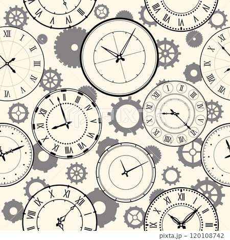 Clock faces seamless pattern. Roman and Arabic numerals watch dials. Repeated print. Steam punk style. Mechanical chronometer. Hour and minute arrows. Vintage elements. Vector background Clock faces seamless pattern. Roman and Arabic numerals watch dials. Repeated print. Steam punk style. Mechanical chronometer. Hour and minute arrows. Vintage elements. Vector background 120108742