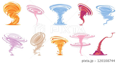 Color tornadoes. Twisted winds effects. Storm swirl airs. Dangerous natural twister. Climate phenomenon. Cartoon vortexes and spiral typhoons. Magic bright whirlwind funnels vector set 120108744
