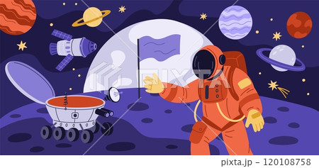 People in space. Astronaut on planet surface. Galaxy discoverer in spacesuit. Cosmos exploration. Moon rover. Cosmonaut spacewalk. Spaceman with explorers flag. Garish vector concept 120108758