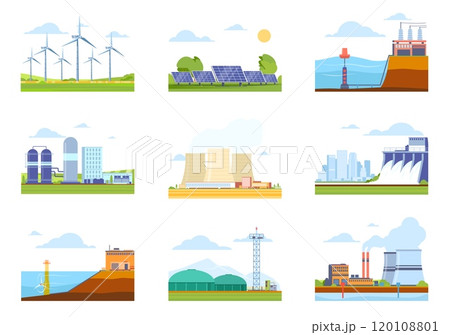 Renewable energy sources. Alternative sustainable power. Electricity generation. Solar panel. Nuclear station. Ecological and natural methods. Electric production plants vector flat set 120108801