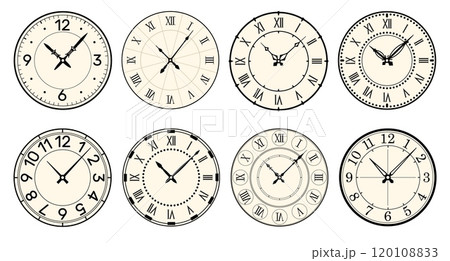 Retro round clock faces. Vintage watch design. Elegant antique dials. Timer with Roman or Arabic numerals. Decorative carved arrows. Mechanical chronometer. Vector classic timepieces set 120108833