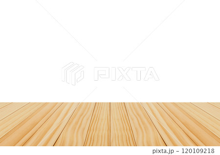 Empty wooden table top isolated on white background for product display montage 120109218