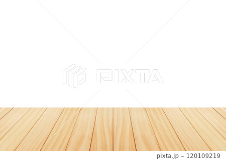Empty wooden table top isolated on white background for product display montage Empty wooden table top isolated on white background for product display montage 120109219