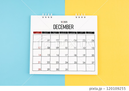 December 2025 calendar on blue and yellow color background. 120109255