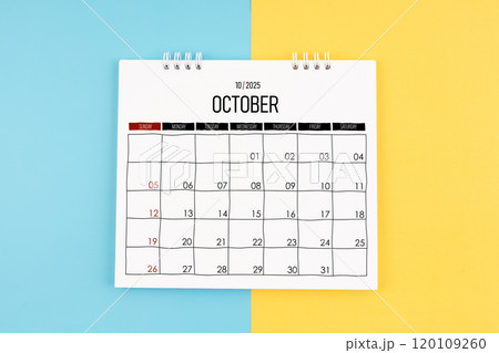 October 2025 calendar on blue and yellow color background. 120109260