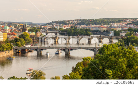 view of the old city of Prague with the Vltava River, bridges and towers, Prague, Czech republic view of the old city of Prague with the Vltava River, bridges and towers, Prague, Czech republic 120109665