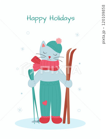 Winter greeting card with cute cat on skis Winter greeting card with cute cat on skis 120109858