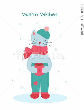 Winter greeting card with cute cat and a mug Winter greeting card with cute cat and a mug 120109859
