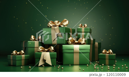 Festive green presents, shimmering gold bows, St. Patricks celebration Festive green presents, shimmering gold bows, St. Patricks celebration 120110009