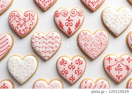 Valentine s Day pattern with heart shaped cookies with pink and white icing Valentine s Day pattern with heart shaped cookies with pink and white icing 120110029