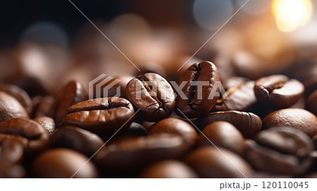 Close up of roasted coffee beans with a warm backlight background 120110045