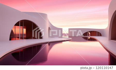 Surreal pink sunset reflecting on water between arched white buildings 120110147