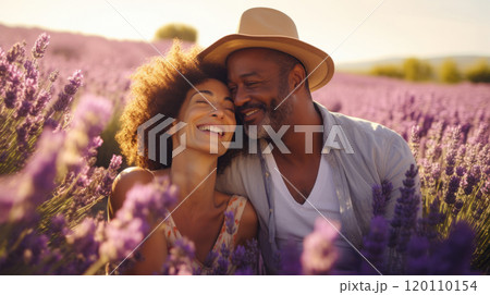 Mature Mixed Race Couple Enjoying Sunshine in Summer Lavender Field copy space 120110154