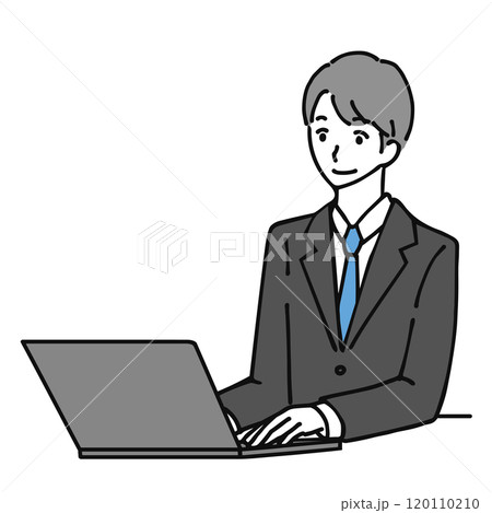 笑顔でパソコンを使うスーツの男性の線画イラスト 120110210