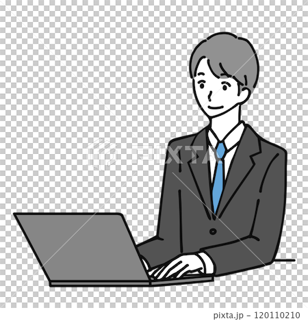 笑顔でパソコンを使うスーツの男性の線画イラスト 120110210