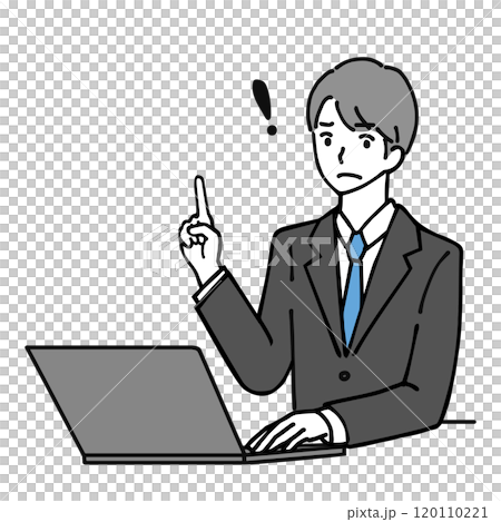 Line drawing illustration of a young businessman giving a warning while working on a computer 120110221