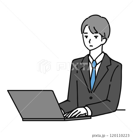 無表情でパソコンを使うスーツの若い男性の線画イラスト 120110223