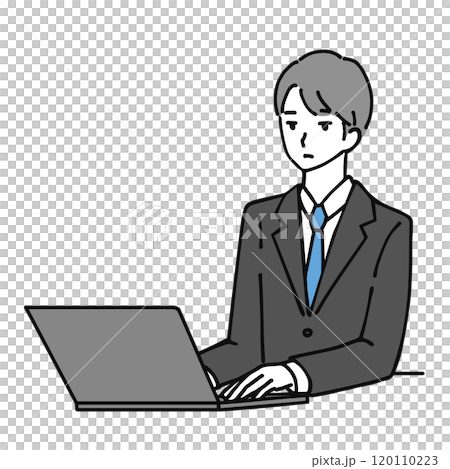 無表情でパソコンを使うスーツの若い男性の線画イラスト 120110223