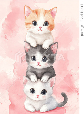 cartoon illustration of three cute kittens sitting on each other on a soft pastel pink background 120110241