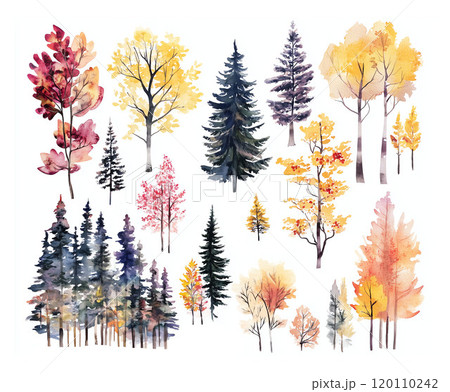 Set of autumn trees showing different colors and types in watercolor style suitable for art and decoration. 120110242