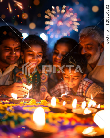 Family celebrating Diwali with fireworks and rangoli background 120110282