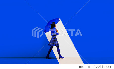 Woman in blue walking under umbrella in narrow blue spotlight. Resilience, solitude, and sense of calm amid adversity. Contemporary art collage. Woman in blue walking under umbrella in narrow blue spotlight. Resilience, solitude, and sense of calm amid adversity. Contemporary art collage. 120110284