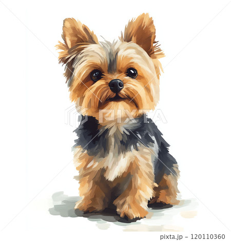 Portrait of cute Yorkshire Terrier sitting on light background showing his playful nature and fluffy fur, watercolor illustration 120110360