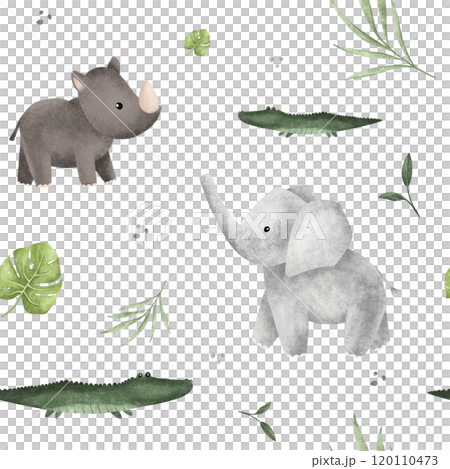 Seamless pattern with leaves monstera and african animals rhinoceros and elephant for children's design. Hand drawn illustration crocodile Cute Print for childish textile design or wallpaper Seamless pattern with leaves monstera and african animals rhinoceros and elephant for children's design. Hand drawn illustration crocodile Cute Print for childish textile design or wallpaper 120110473