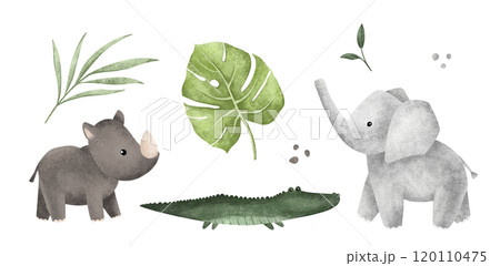 Cartoon set of african animals and leaves for children's design . Hand drawn illustration of cute rhinoceros and elephant on isolated background. Minimalist scandinavian style monstera and crocodile. 120110475