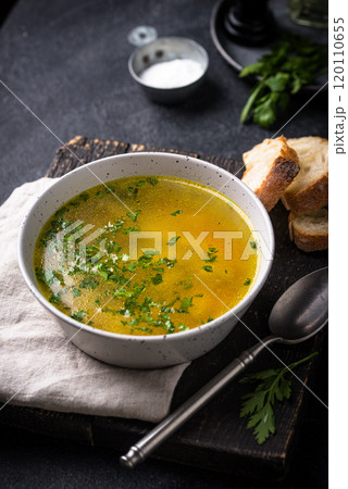 Chicken broth with parsley, healthy food Chicken broth with parsley, healthy food 120110655