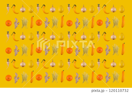 Vibrant vegetable pattern on yellow background Vibrant vegetable pattern on yellow background 120110732